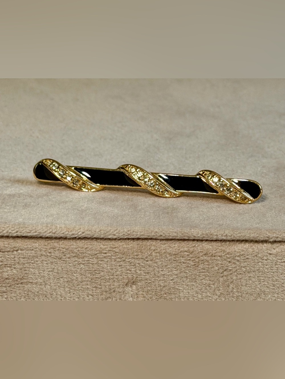 Vintage Trifari Gold Tone Black Enamel Rhinestone Bar Brooch Pin